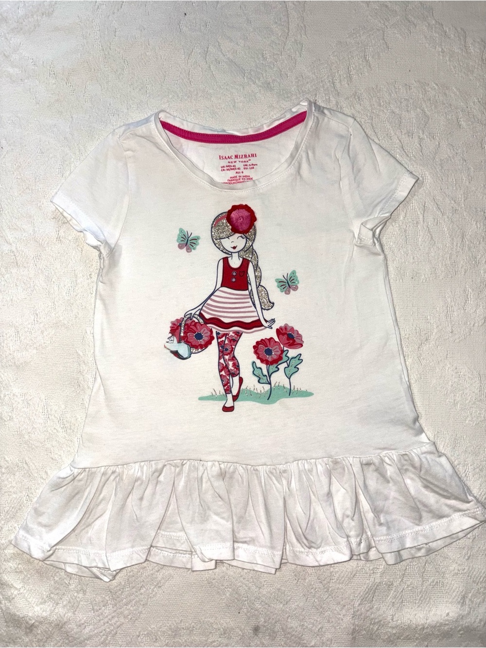 Isaac Mizrahi White Girls Graphic Ruffle Hem Tee with Pink and Red Accents
